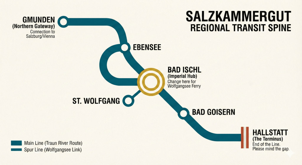 Minimalist transit map of the Salzkammergut showing the primary rail connections between Gmunden, Bad Ischl, and Hallstatt for 2026 travel planning.