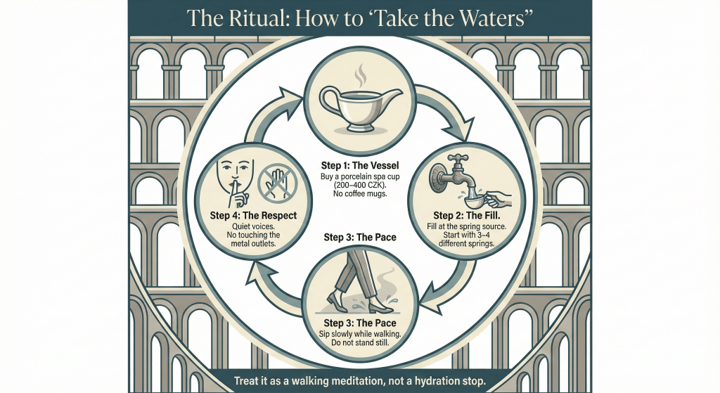 An illustrated infographic titled "The Ritual: How to 'Take the Waters'," showing a four-step cycle for drinking spa water with icons for the vessel, filling, pacing, and respect.