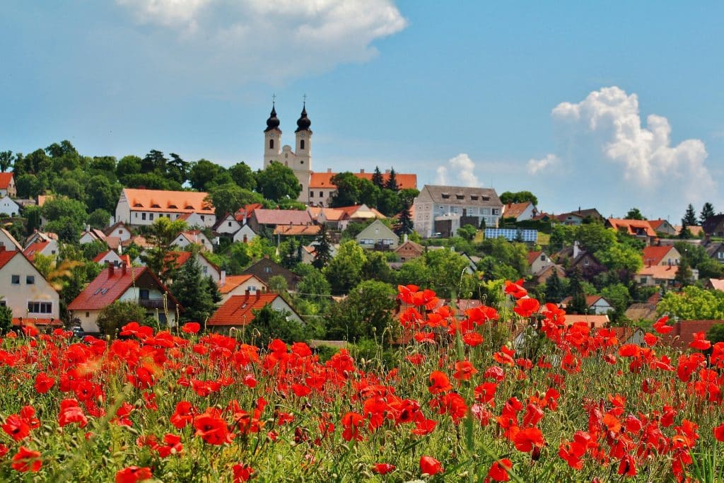 The twin towers of Tihany Benedictine Abbey seen from a distance rising above a field of bright red poppies and village rooftops.