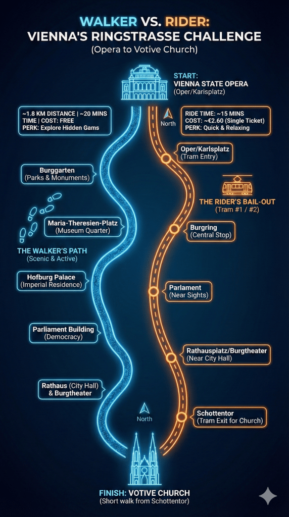 WALKER VS. RIDER: VIENNA'S RINGSTRASSE CHALLENGE (Opera to Votive Church)." It compares a walking route (blue winding line) vs. a tram ride (orange dashed line). The walking path highlights Hofburg Palace and Parliament. The tram path highlights stops like Burgring and Schottentor. Text includes distance (~1.8km), walking time (~20 mins), and tram cost (~€2.60).