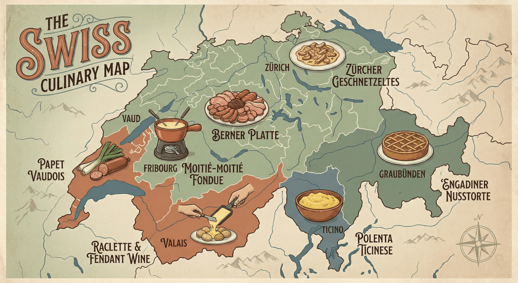 Stylized vintage map of Switzerland illustrating regional food specialties like Fondue, Raclette, and Rösti across the different cantons.