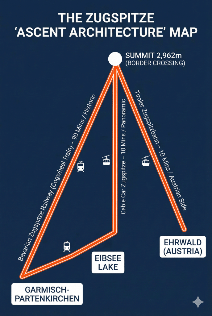 The Zugspitze 'Ascent Architecture' Map" showing three routes to the summit (2,962m) on a dark blue background. Orange lines connect Garmisch-Partenkirchen via the Bavarian Zugspitze Railway (Cogwheel Train), Eibsee Lake via the Cable Car Zugspitze, and Ehrwald (Austria) via the Tiroler Zugspitzbahn.