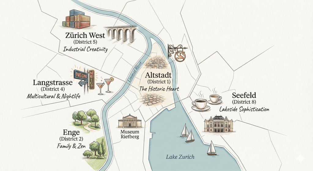 Stylized map of Zurich highlighting distinct neighborhoods like Altstadt, Zürich West, and Seefeld with icons representing their unique vibes.